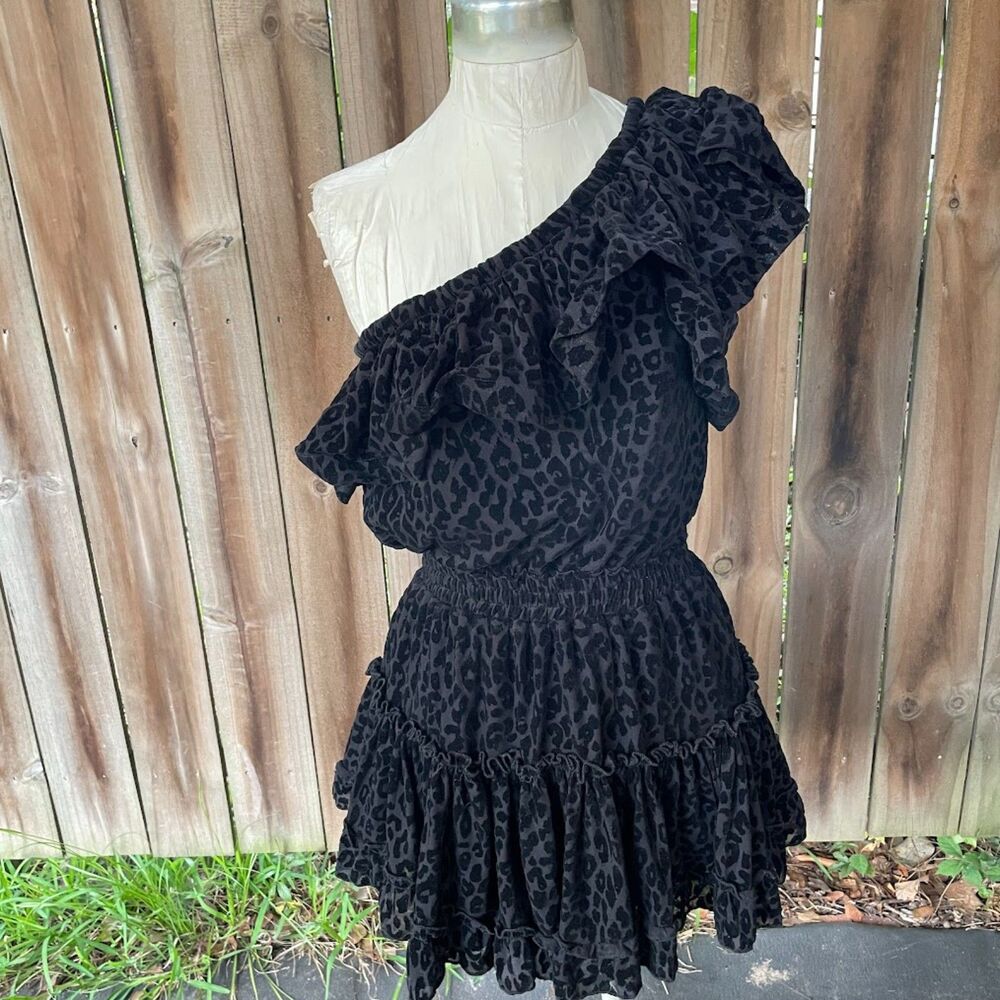 BUDDY LOVE Sofia DRESS Black Leopard Flocked Mesh One Shoulder Ruffle  S